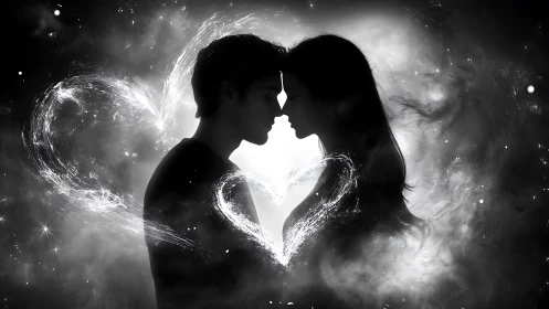 Silhouetted profiles framed by luminous geometric light.