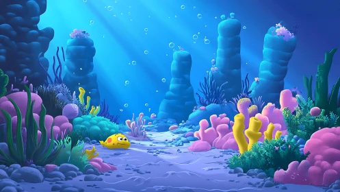 Sunny yellow fish explores a gentle, glowing coral world