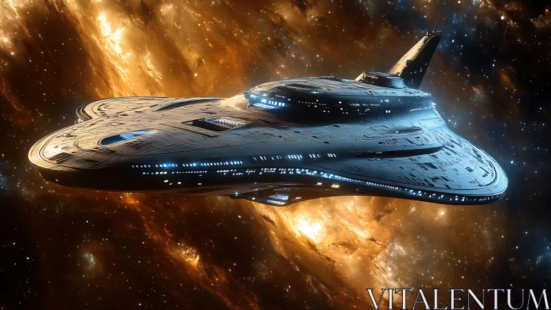 Star-cruising ark gliding through glowing cosmic tides.