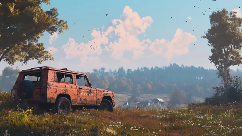 Rusty orange off-road SUV parked in calm rural meadow.