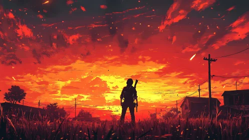 Fiery evening sky welcomes a lone wanderer home at dusk