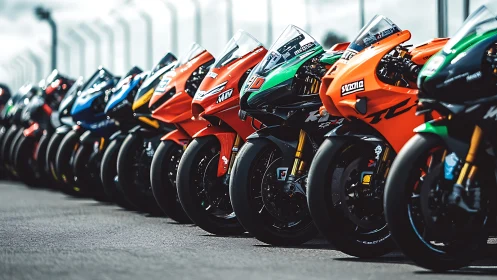 Color-charged superbikes assembled like a racetrack rainbow.