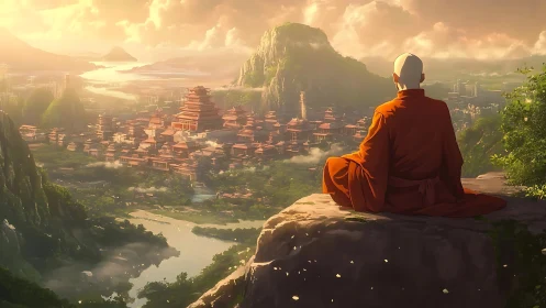 Monk above jade valleys watching a sunrise city breathe.
