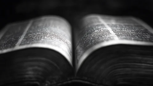 Open printed book lies in shallow focus black and white