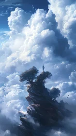Solitary dreamer stands atop a sky-piercing cloud peak