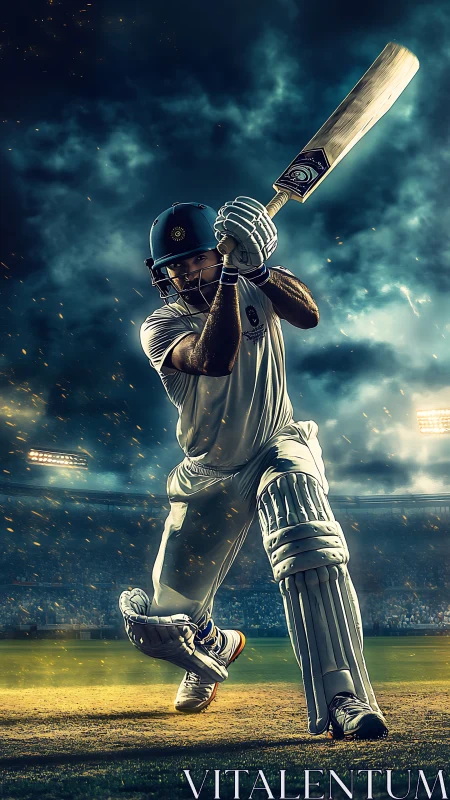 Dynamic cricket batsman swinging under stadium lights.