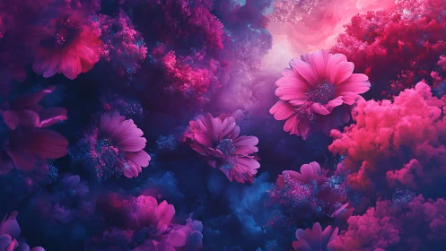 Pink Daisies Dissolve Through Purple Particle Clouds.