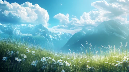 Mountain meadow with wildflowers under bright sky.