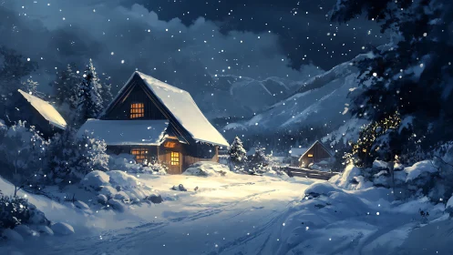 Digital painting of alpine winter cabins under snowfall at night.