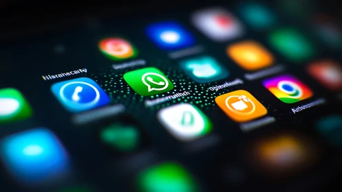 Neon app icons orbit glowing WhatsApp core on dark glass.