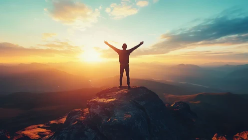 Silhouetted hiker on sunlit summit framed by wide dynamic sky