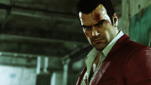 Digital male character portrait shows bloodied face and torso