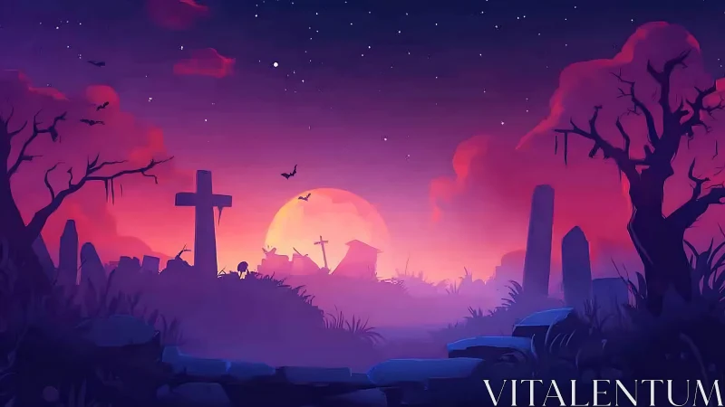 Digital painting sunset graveyard with silhouettes and bats.