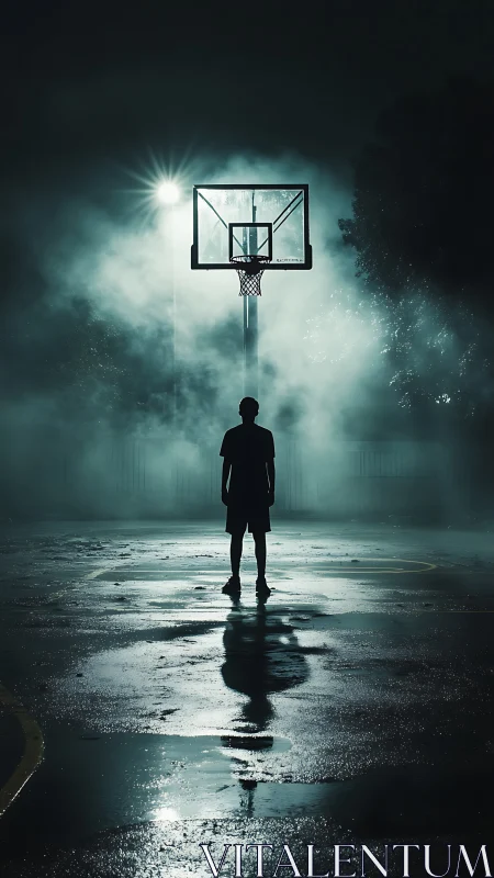 Nocturnal basketball silhouette in mist-laden urban court.