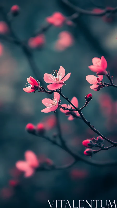 Pink Blossoms on Dark Branch with Blurred Bokeh.