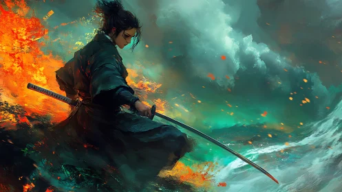 Lone samurai holds drawn katana amid firestorm and surf
