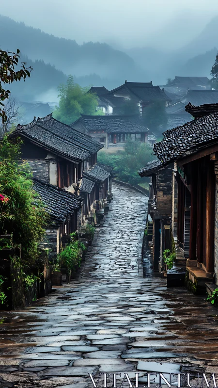 Misty stone alley through traditional mountain village.