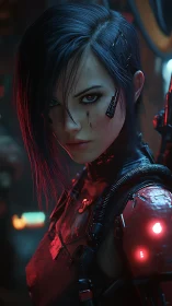 Cyberpunk portrait of augmented female operative in red armor.