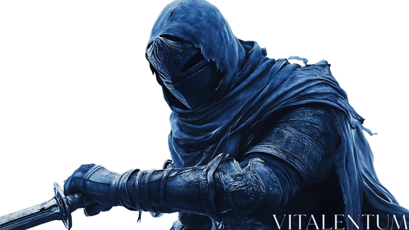 Hooded knight brandishes sword in icy blue armor silhouette.