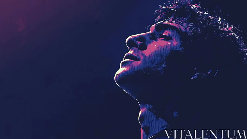 Neon-lit reverie catches a lone singer in electric stillness.