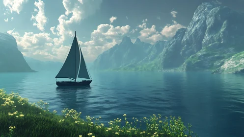 Digital painting of alpine lake sailboat in atmospheric light.