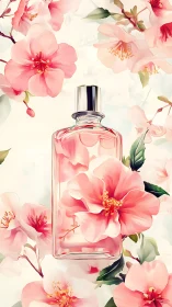 Glass perfume bottle framed by soft pink camellia flowers