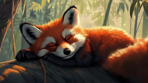 Dreamy red panda naptime on a sun-dappled jungle branch.