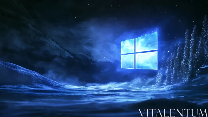 Glowing window portal hovers over a frozen midnight valley