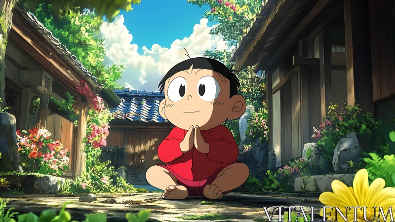 Meditative child in sunlit village courtyard, vibrant florals.