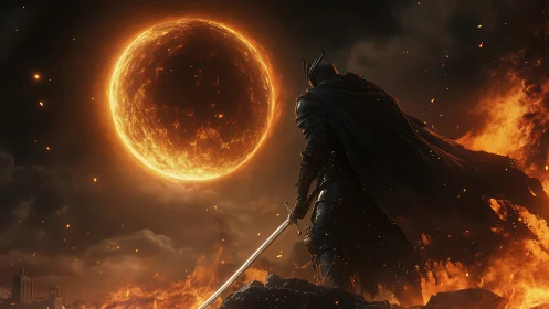 Blade-lit sentinel under an apocalyptic molten sun.