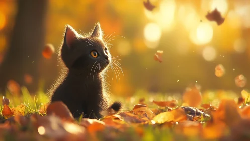 Black Kitten Amid Golden Autumn Leaves.