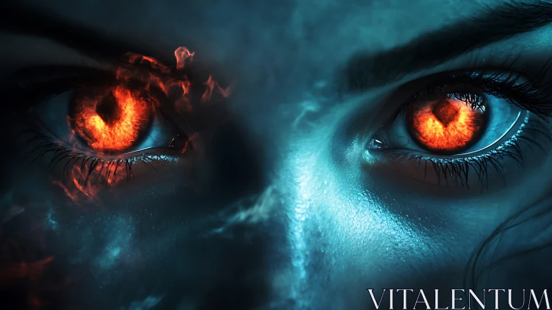Intense glowing fiery eyes in close-up fantasy portrait.