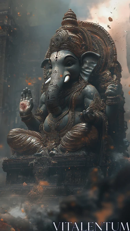 Ancient elephant-headed guardian breathes calm through sparks