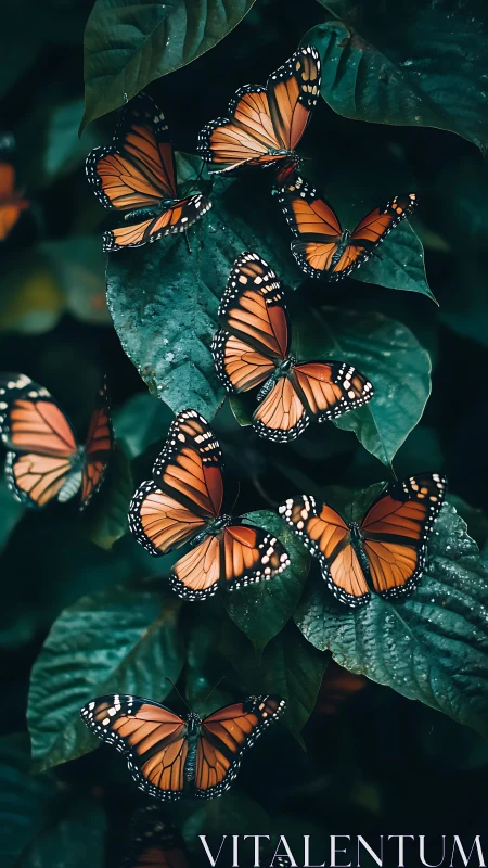 Monarch butterflies clustered on broad green foliage in shade.