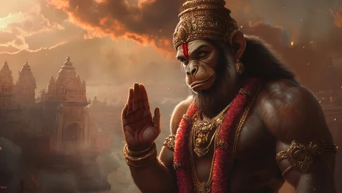 Divine simian warrior blessing amidst burning temple city.