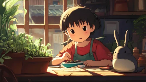 Child at sunlit desk studies with a plush forest companion.