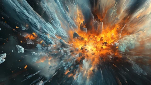 Cosmic firestorm erupts amid drifting ice and shattered rock.
