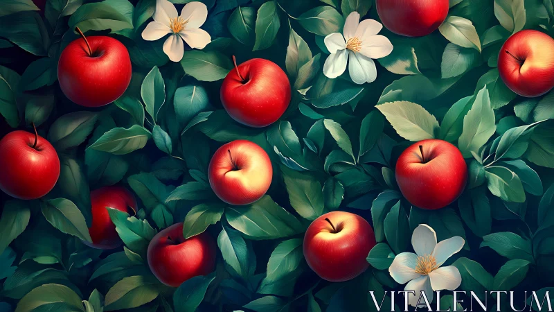 Ripe red apples rest in lush green foliage and soft blossoms