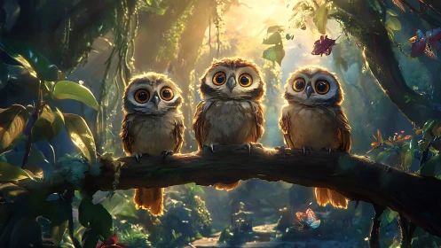 Three Adorable Owls on a Branch in Enchanted Forest, Digital Art.