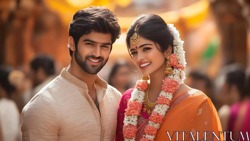 Joyful couple in traditional celebration glow.