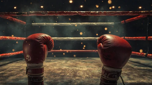 Boxing ring with two gloves positioned before competition.