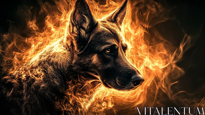 Fiery shepherd portrait glows within swirling orange flames