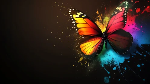 Chromatic butterfly on dark field with radial paint splashes