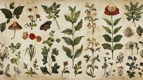 Vintage botanical plate displays assorted plants and insects