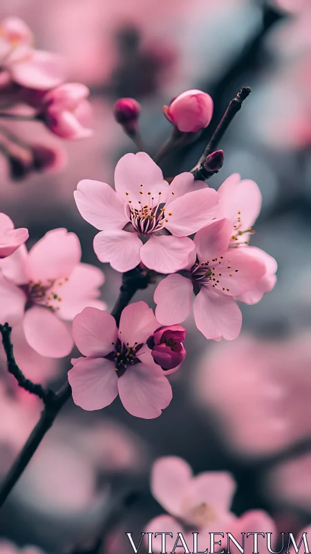 Pink cherry blossoms cluster on dark branches in close focus.