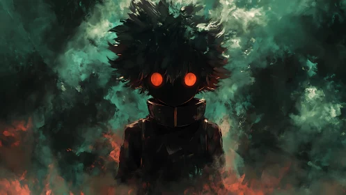 Mysterious glowing-eyed figure stands in swirling teal smoke