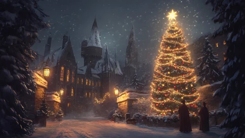 Enchanted snowfall crowns a castle’s luminous Christmas tree.