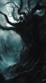 Twisted arboreal form dominates a misted, low key canyon