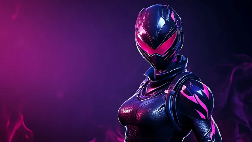 Helmeted sci fi warrior figure in purple neon lighting.