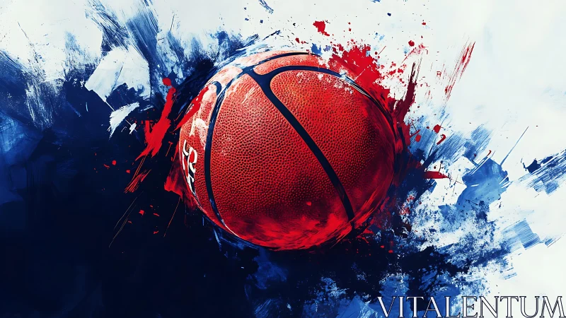Explosive red basketball bursting through electric paintstorm.